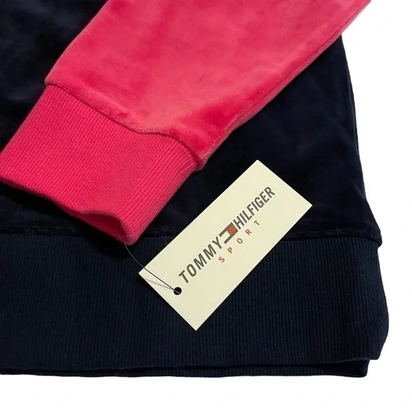Women’s TOMMY HILFIGER Sport Pink and Black Velour Crewneck Sweatshirt Top NWT - Picture 5 of 6